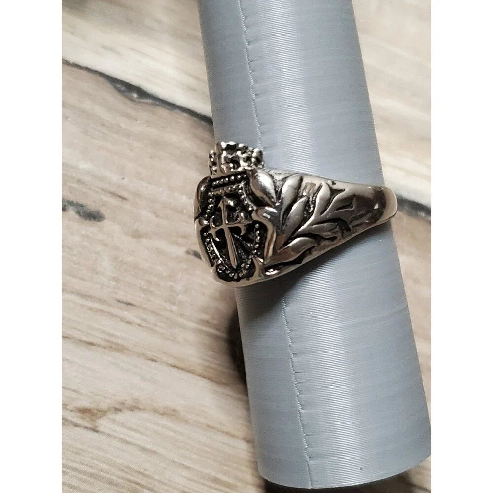 Vintage Medieval Heraldic Signet Ring 316L Stainless Steel Crown Cross Shield